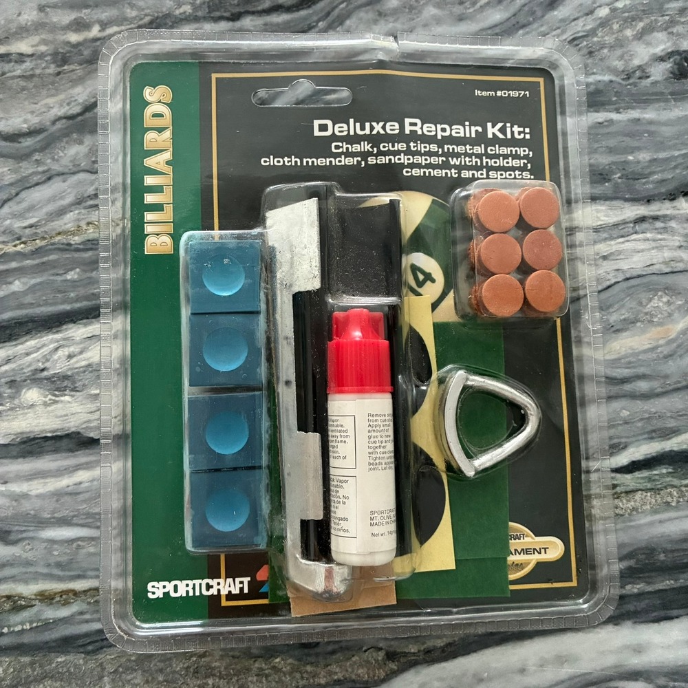Sportcraft Deluxe Billiard Repair Kit 01971 Chalk Cue Tips Metal Clamp Cement